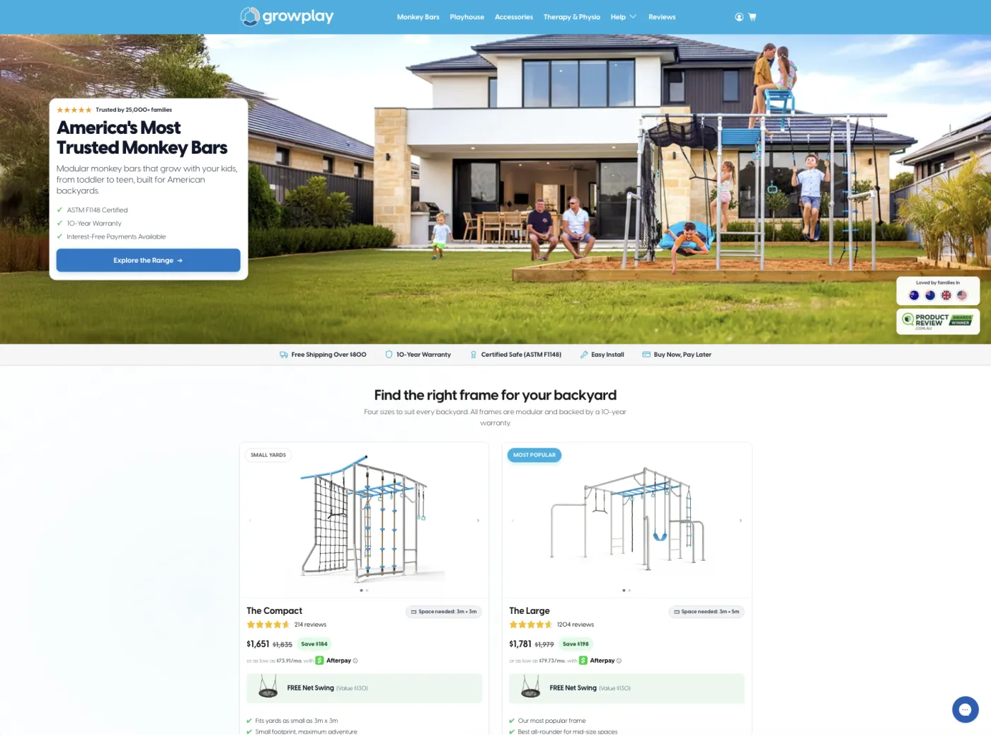 Growplay's Shopify storefront, featuring outdoor play equipment